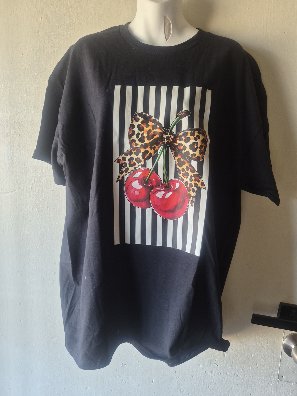 Gildan Black Tee with Red Cherry & Leopard Bow Graphic